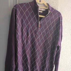 Peter Millar Men's Medium Purple Argyle Merino Wool Quarter-Zip Pullover Sweater